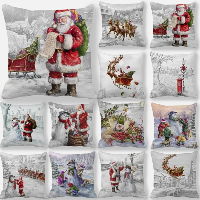 

Merry Christmas Santa Claus Pattern Printed Soft Square Pillowslip Polyester Cushion Cover Pillowcase Living Room Home Decor