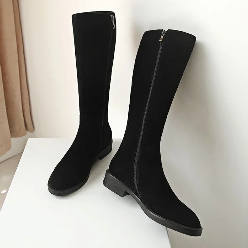 Mid-calf Snow Boots Women Low Heel Warm Cotton Boots Side Zipper Winter High Fur Boots Women Black Plush Suede Botas De Mujer