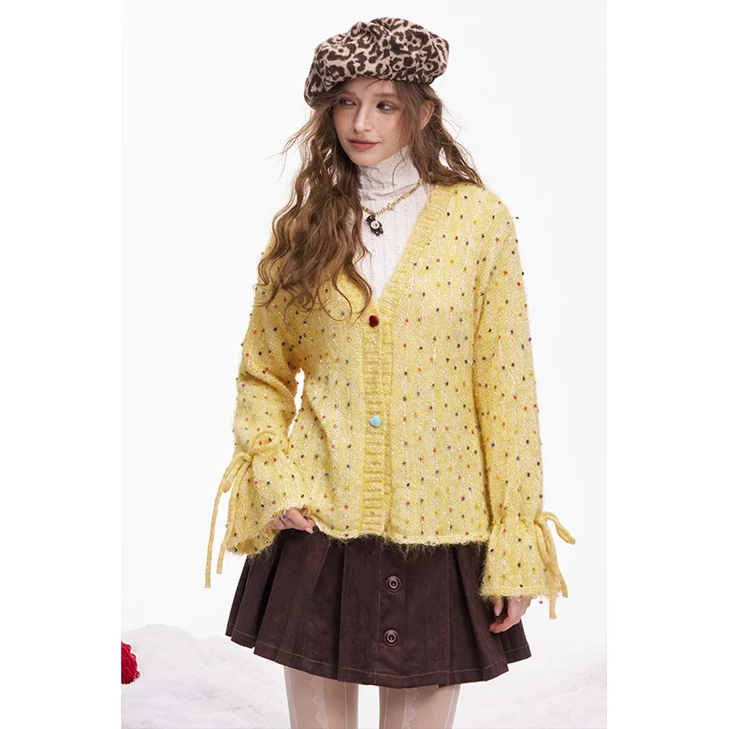 ELFSACK Y2K Cute Polka Dot V Neck Bow Drawstring Cardigan For Women