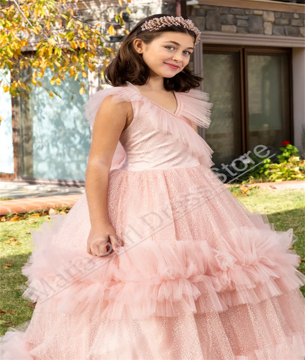 Robe à fleurs rose pour filles, col en V, à volants, élégante, moelleuse, longueur au sol, personnalisée, pour fêtes d'anniversaire pour enfants