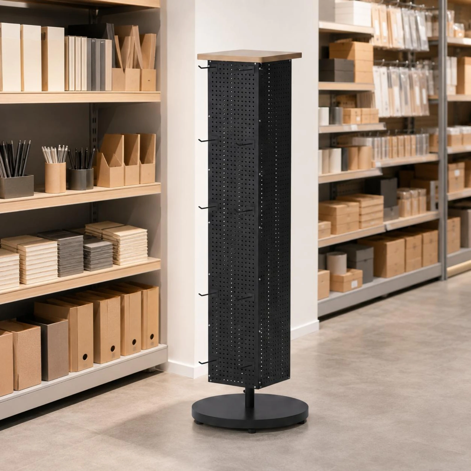 Pegboard Floor Display Perforated Panels Rotating Display Rack Retail Fixture Round Light Base Neutral Finish