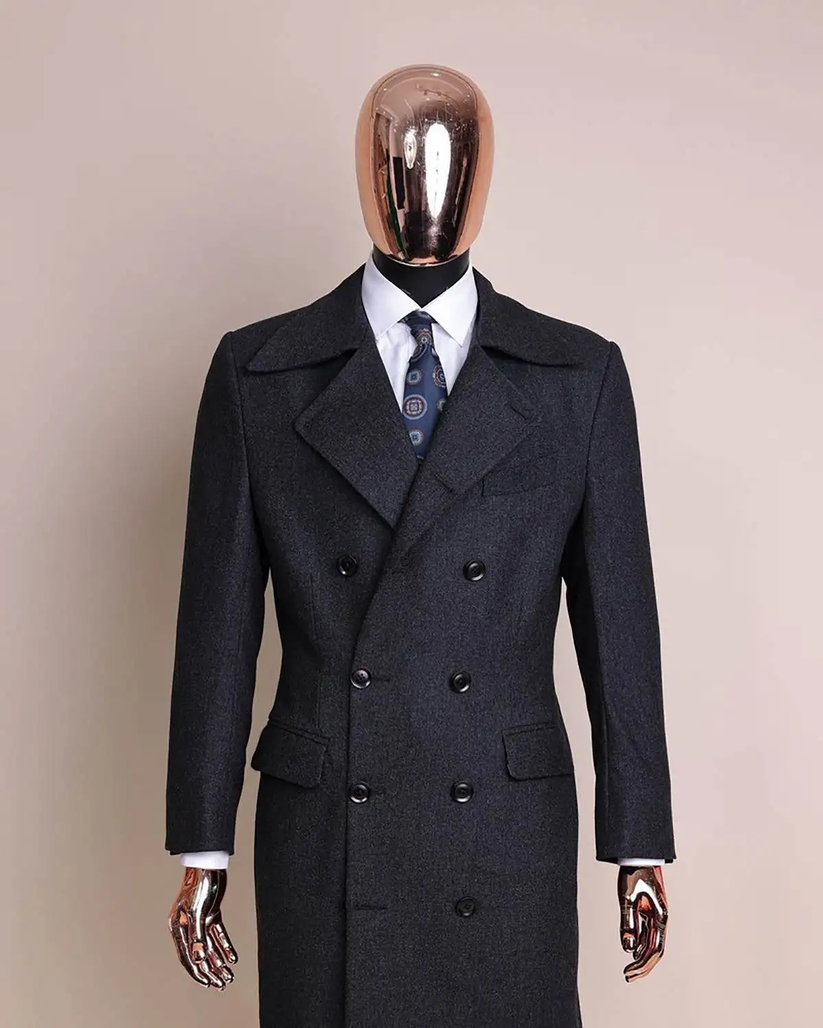 Vintage Men Long Coat Double Breasted ผ้าขนสัตว์ผสมธุรกิจ Blazers ประณีต Notched Lapel ฤดูหนาว Warm Overcoat ที่กําหนดเอง