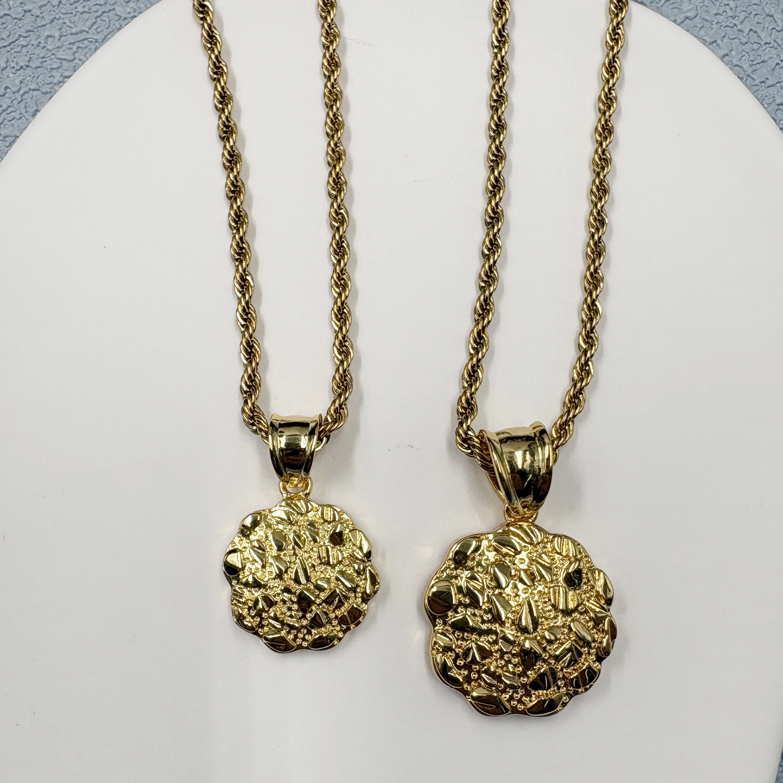 14K Gold Plated Nugget Coin Pendant Necklace, 20 Inch Stainless Steel Rope Chain, Hip Hop Streetwear Bling Jewelry for Men Women