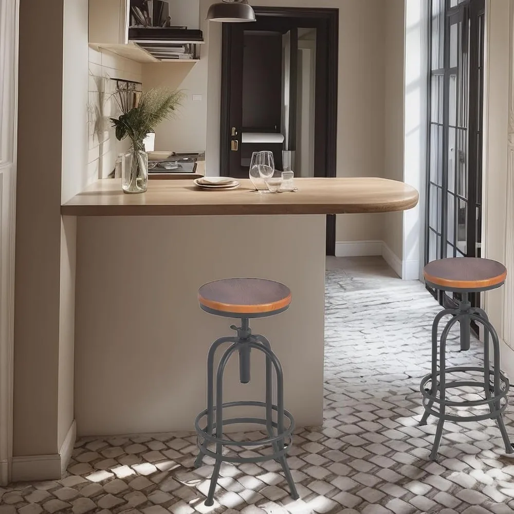 Industrial Style Pair Bar Stools - Retro Adjustable Height 26-32.3 Inches Swivel Seats - Extra Tall Kitchen Counter Chairs - Ful