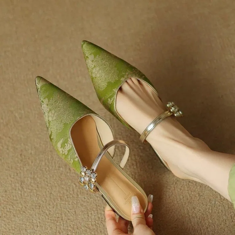 

Woman Loafers Female Slippers Thin Heels Flock Luxury Slides Cover Toe Med New Designer Flat Fabric Fashion Elegant Ladies Shoes