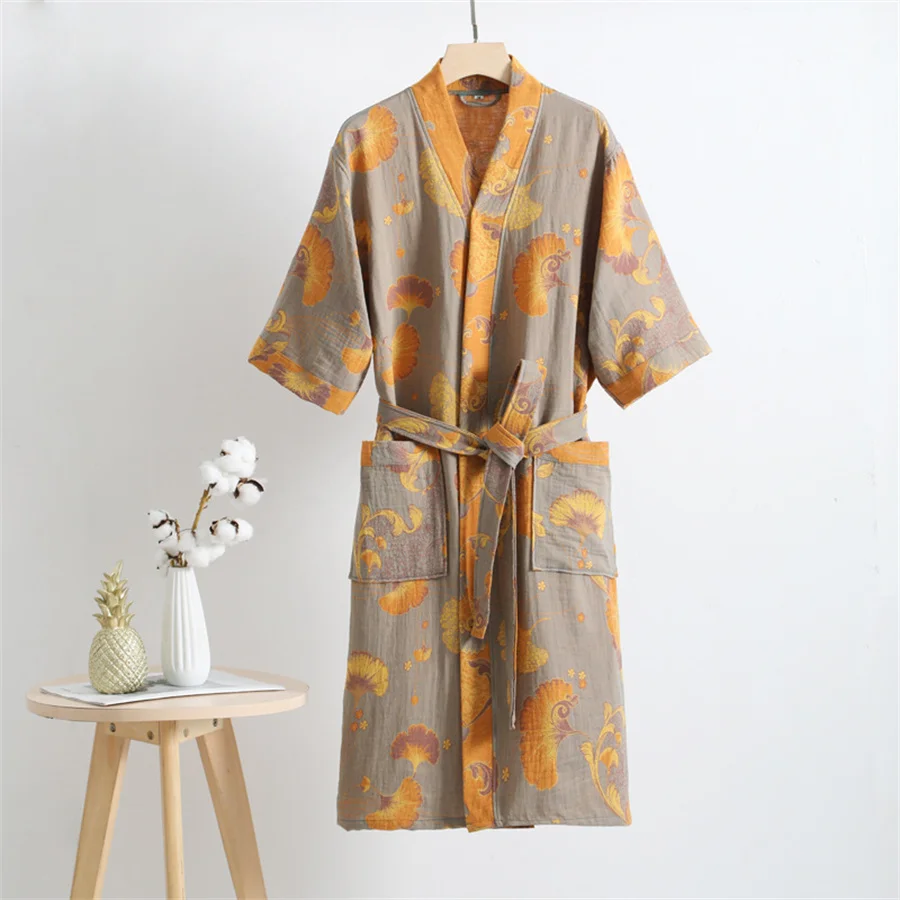 2024 Summer Couple Dressing Gown Vintage Loungewear Double Layer Gauze Bathrobe Men Shower Robe Women V-neck Kimono Sleepwear