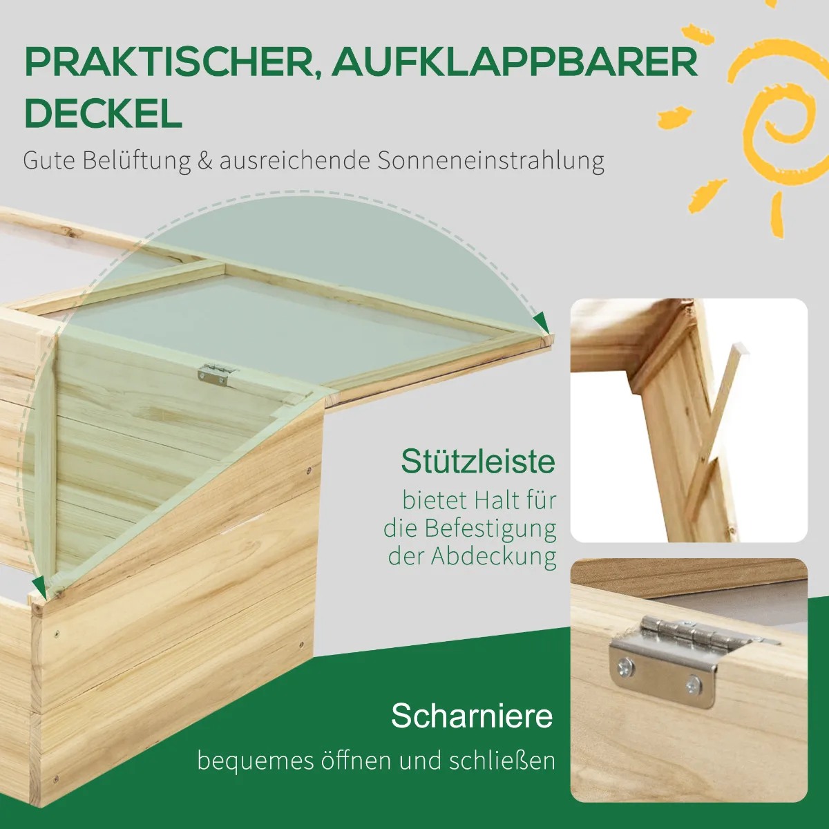 Image 6: Mini serre en bois naturel – 100x50x35 cm, structure en bois de sapin, couverture en polycarbonate, jardinière surélevée et bac de culture