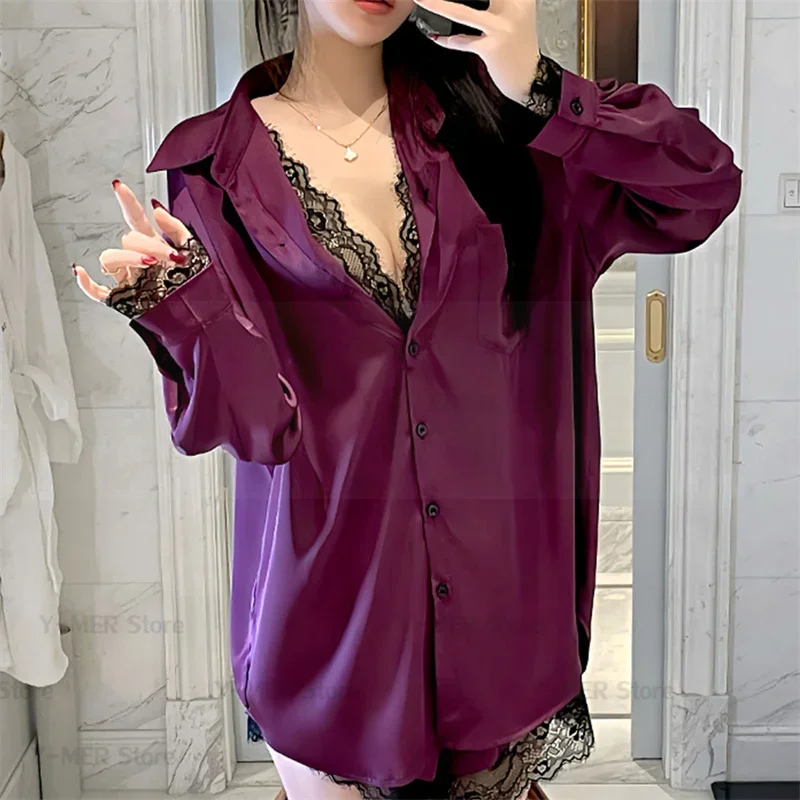 White Lapel Shirt Shorts 2Pcs Pajamas Female Satin Sleepwear Sexy Lace Trim Homewear Nightwear Summer New Loungewear Lingerie 6