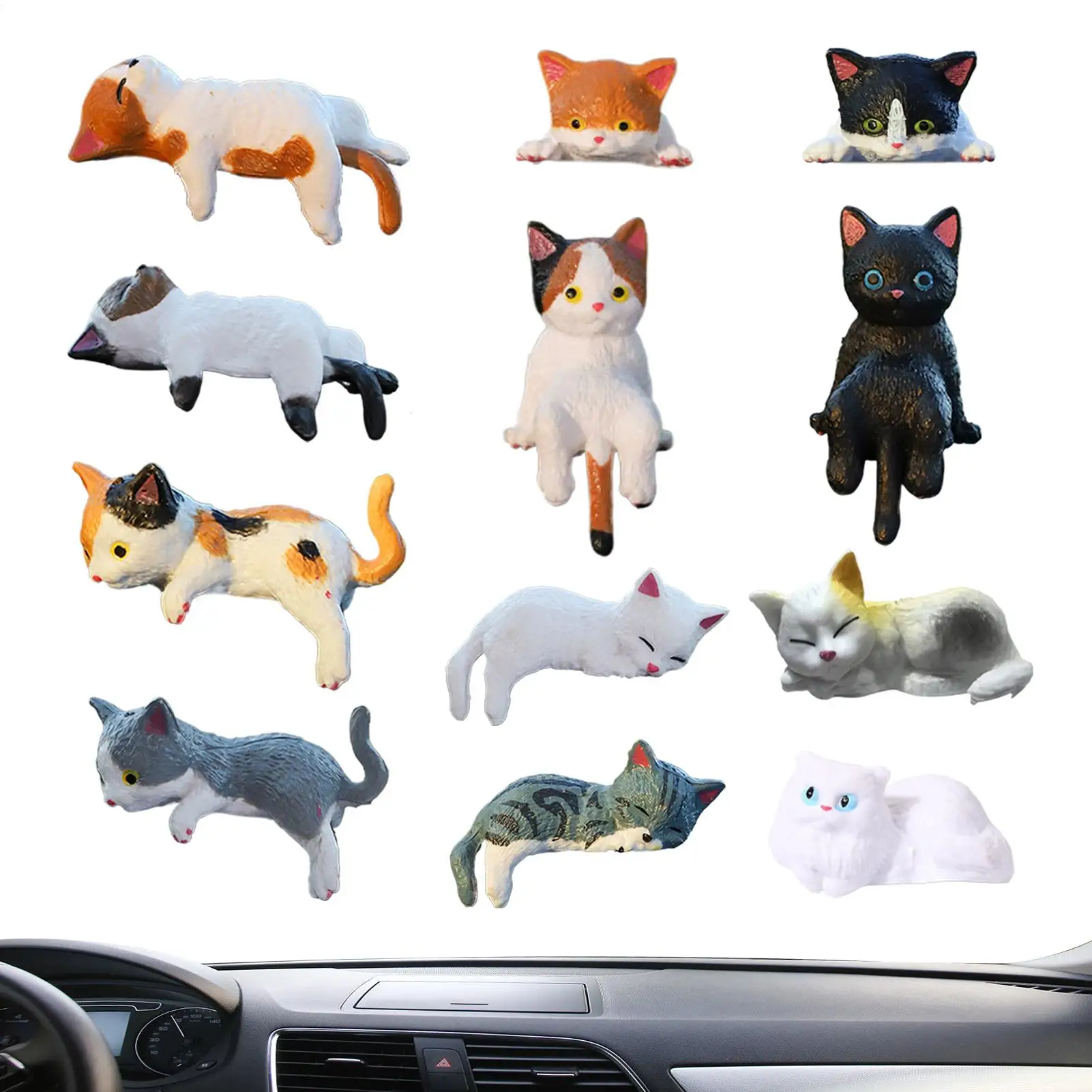 New 12pcs Cat Statue Adorable Compact Resin Cat Model Dashboard Ornaments For Cars For Trailer RV Truck Automotive Sedan Pickup
