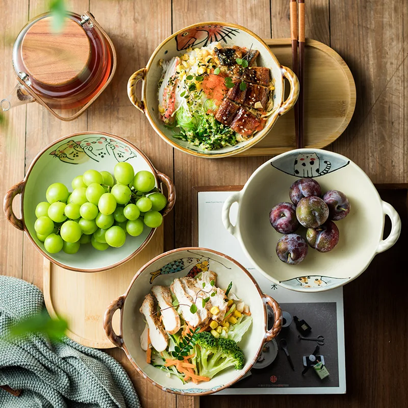 

Japanese-Style Ceramic Double-Ear Stone Pot, Rice Soup Noodle, Small Bowl for Home Use and Restaurants