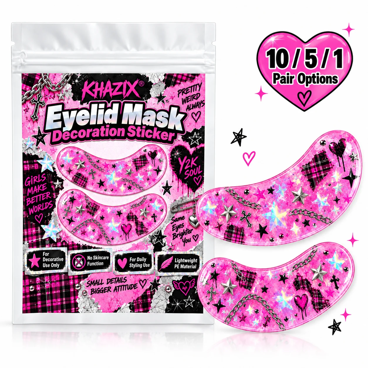 10/5/1 Pairs Y2K Punk Under-Eye Stickers, Pink Plaid Star & Chain Decorative Eye Patches for Cosplay, Party Makeup & Festivals