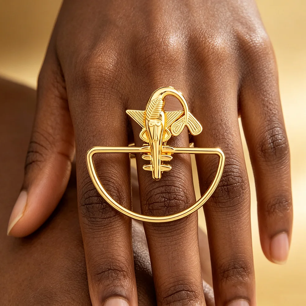 18K vergoldetes Kleopatra-Königin-Halbkreis-Ohrringe- und Ring-Set für Damen, luxuriöse Hochzeits- und Party-Accessoires, Geschenk – Detail 10