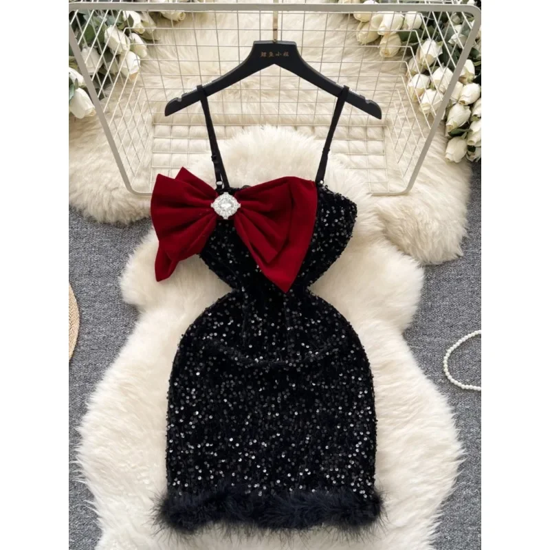 New Fashion Birthday Party Mini Dress Spring Women Design Bow Decorative Tight Waist Puffy Stitching Sequin Sling Dress Elegant