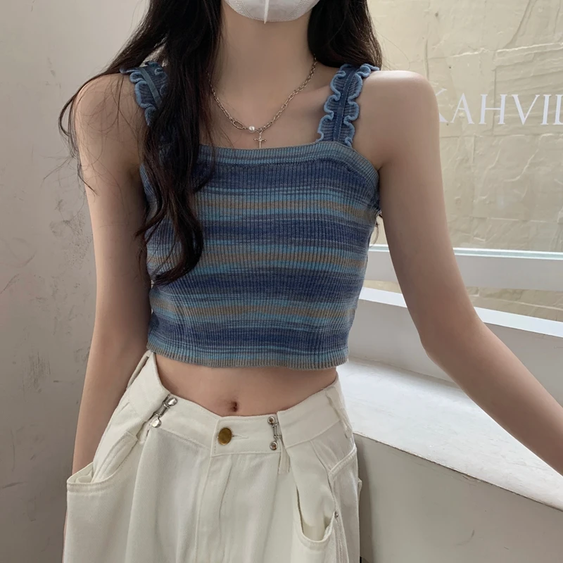 Striped Tank Top Female Casual Sweat Designed Chic Summer New Sleeveless Slim Korean Fashion Crop knitted Tops