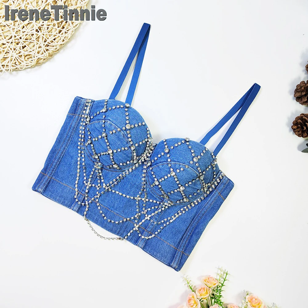 

IRENE TINNIE Solid Color Casual Short Clothes Women Sexy Denim Tassel Bra Corset Woman With Breast Pad Tank Top Nightclub Outfit