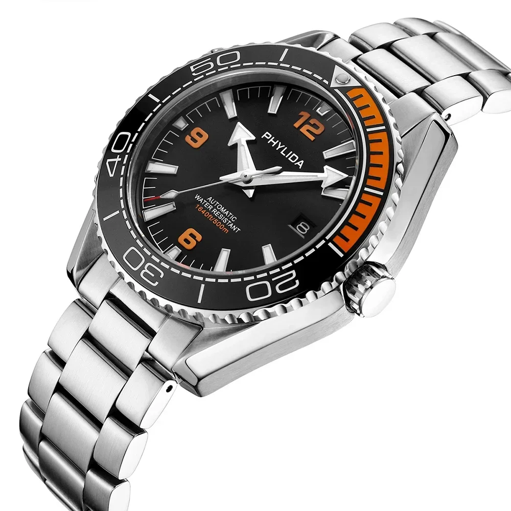 PHYLIDA 43.5mm Men's Automatic Watch Black with Orange Dial Sapphire Crystal Ceramic Insert Nh35 Movement 500m Bracelet Clasp