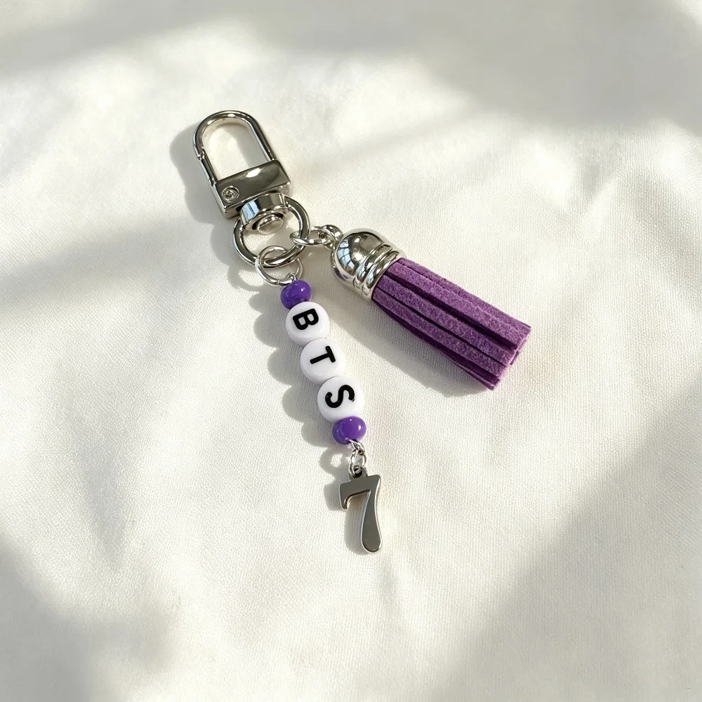 Kpop BTS Keychain Purple Tassel Number 7 Charm Beaded Bag Charm Phone Pendant ARMY Concert Fans Gift view 2