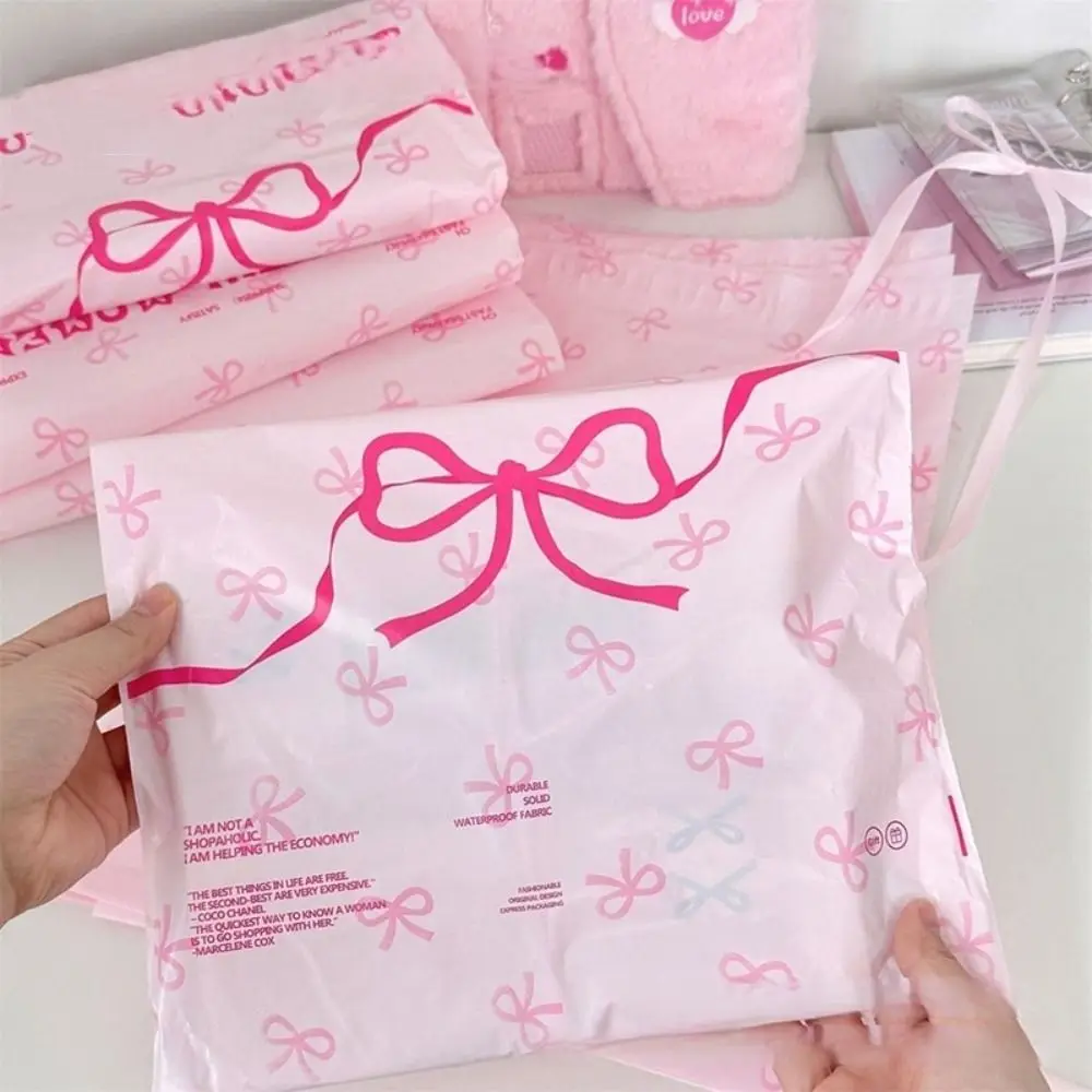 10pcs Ins Pink Bow Pattern Express Bags Plastic Waterproof Button Printing Envelopes Clothing Packaging