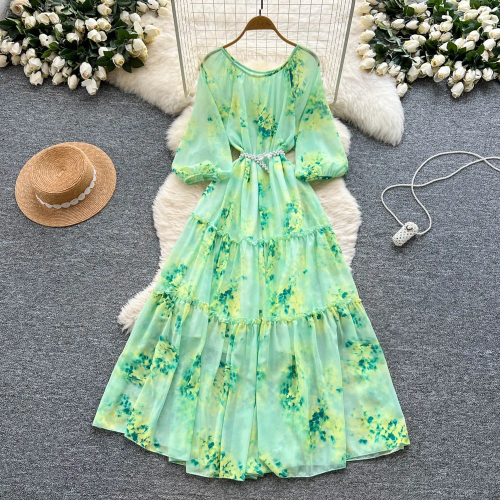 롱 드레스 여성 드레스 플라워 프린트 A라인 베스티도 스트리트웨어 웨딩 긴팔 우아한 스플라이스 Y2K 하이웨이스트 워크 2025