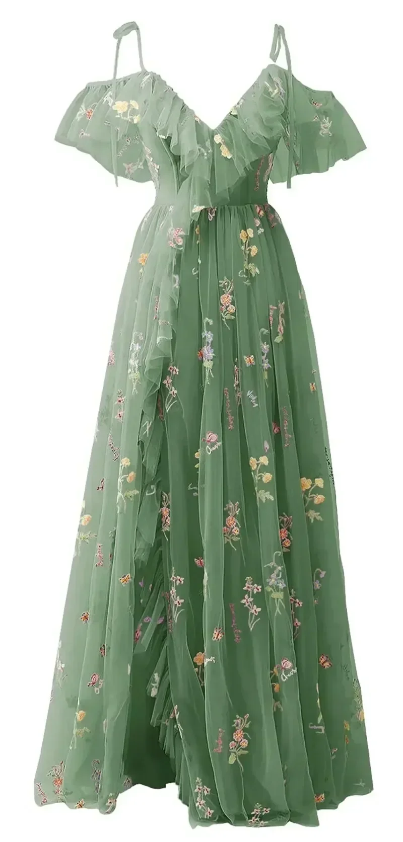 Customized Exquisite Sling Floral Prom Robe Backless Cross Lace Up Sweet Embroidery Evening Dresses Elegant Ruffles Mesh Long Ve