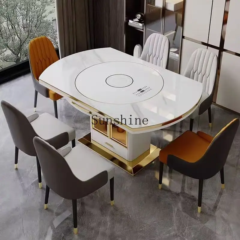 Light luxury multi-functional variable round induction cooker with built-in rock slab turntable dining table