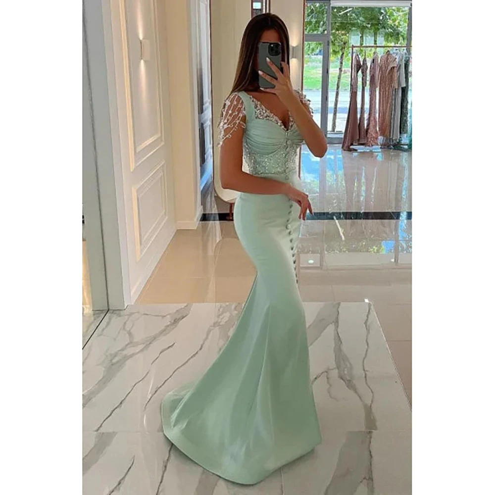 Elegant Women Evening Dress Green V-Neck Sweep Train Sleeveless Appliques Sequined Special Occasion Luxury Vestidos de Festa