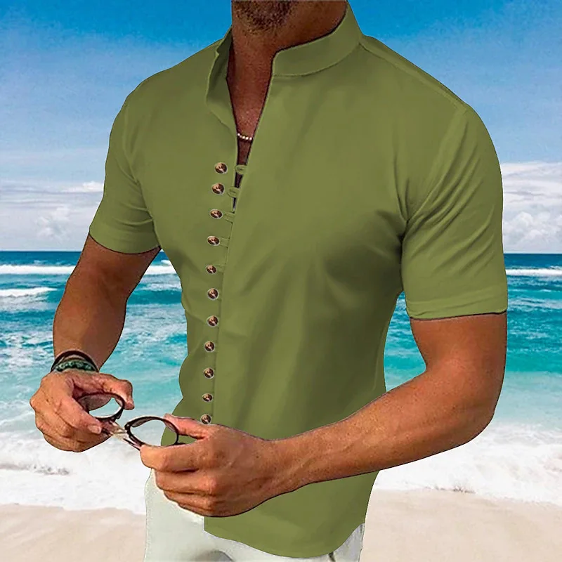 Summer Men's Shirt Cotton Casual Loose Striped Multi-Button Solid Color Beach Stand Collar Cardigan Short-Sleeved Tops