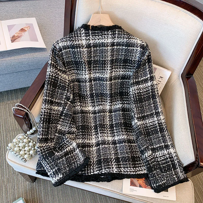 160Kg Plus Size Women\'s Bust 157 Autumn Winter Loose Small Fragrant Coat Thickened Thousand Bird Checker Top Black 8XL 9XL 10XL