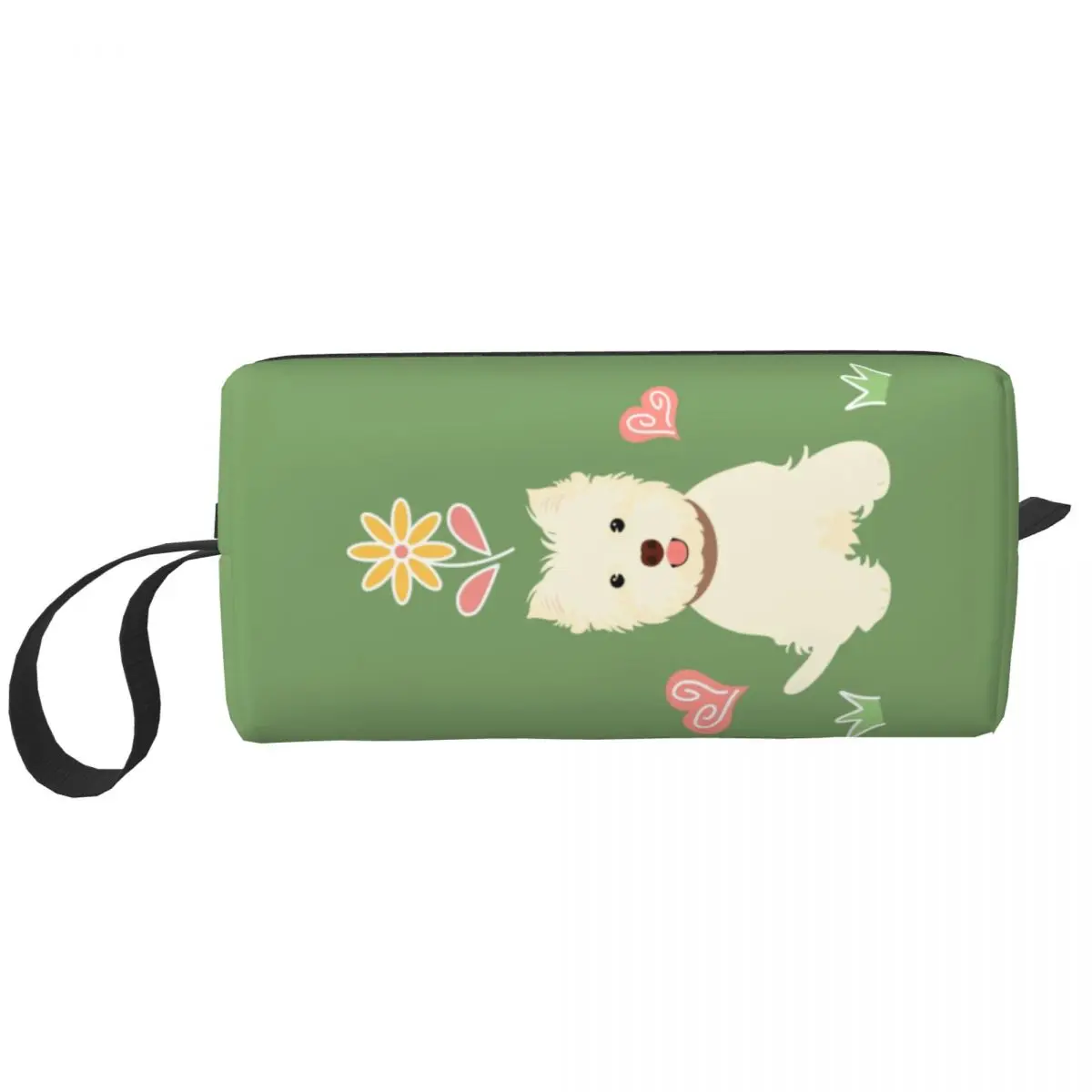 

Custom Happy West Highland White Terrier And Flower Toiletry Bag for Women Cartoon Westie Makeup Ladies Storage Dopp Kit Case