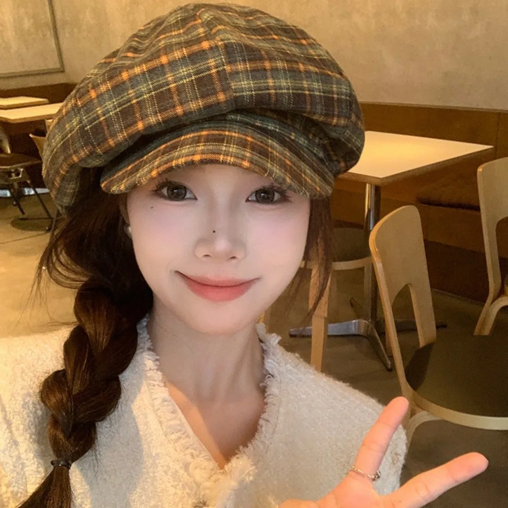 

Vintage Cotton Plaid Cloud Cap Polyester Retro Grid Beret Cap Big Head Circumference Thin Women Octagonal Hat Summer