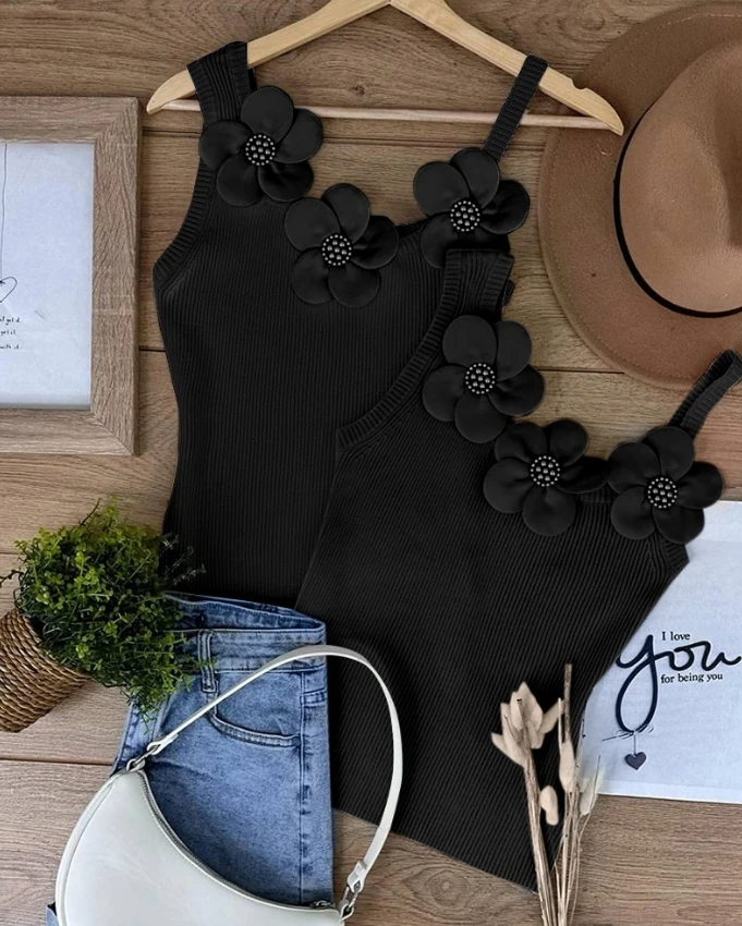 Chaleco con estampado Floral para mujer, camiseta sin mangas de punto con cuentas de retales, cuello asimétrico, tirantes ajustados para vacaciones,