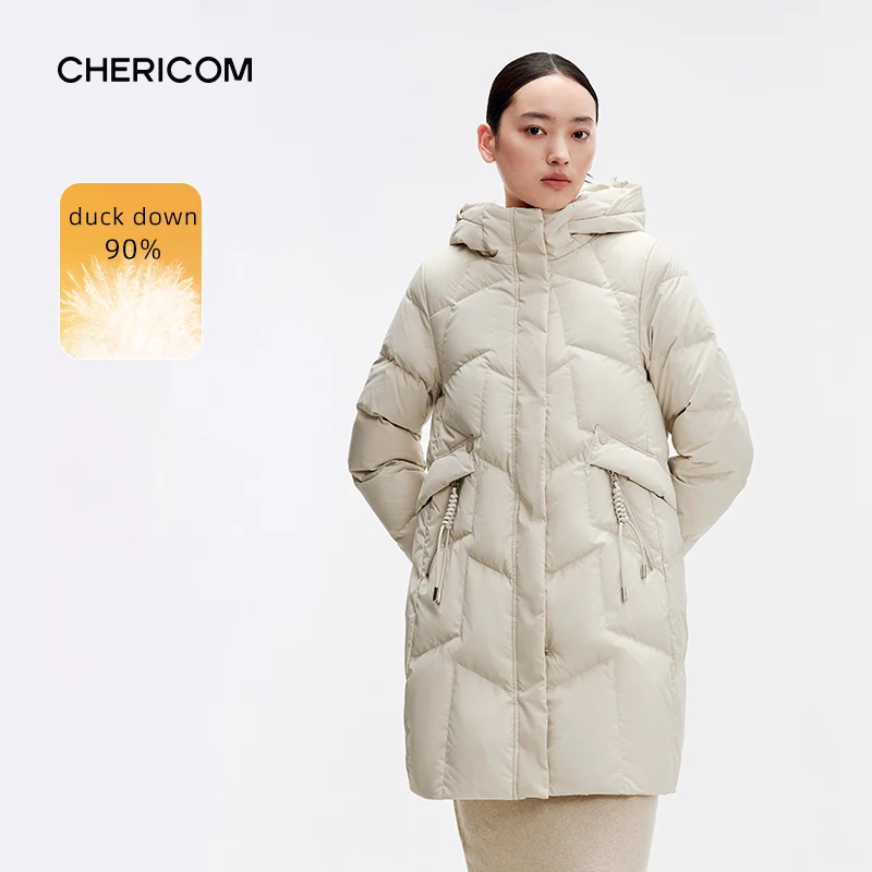 Chericom Women's Winter Down Jacket Hooded Medium Long Duck Down Waterproof Puffer Coat Warm Lightweight Padded Jackets 299191