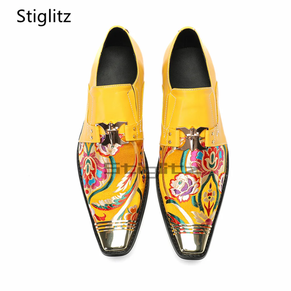 Embroidery Men's Casual Business Shoes Genuine Leather Buckle Metal Toe Handmade Elegant Male Wedding Party Runway Shoes