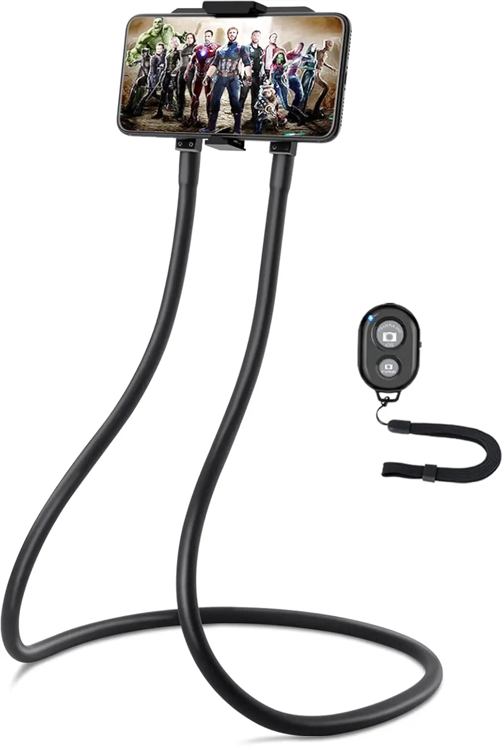 

Upgraded Neck Phone Holder with Remote, Flexible Stand for Bed & Desk, Universal Phone Mount (Black)
