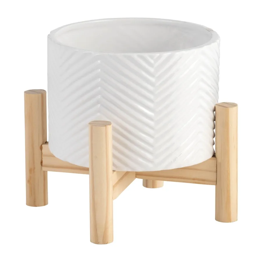 

6 CERAMIC CHEVRON PLANTER W WOOD STAND WHITE