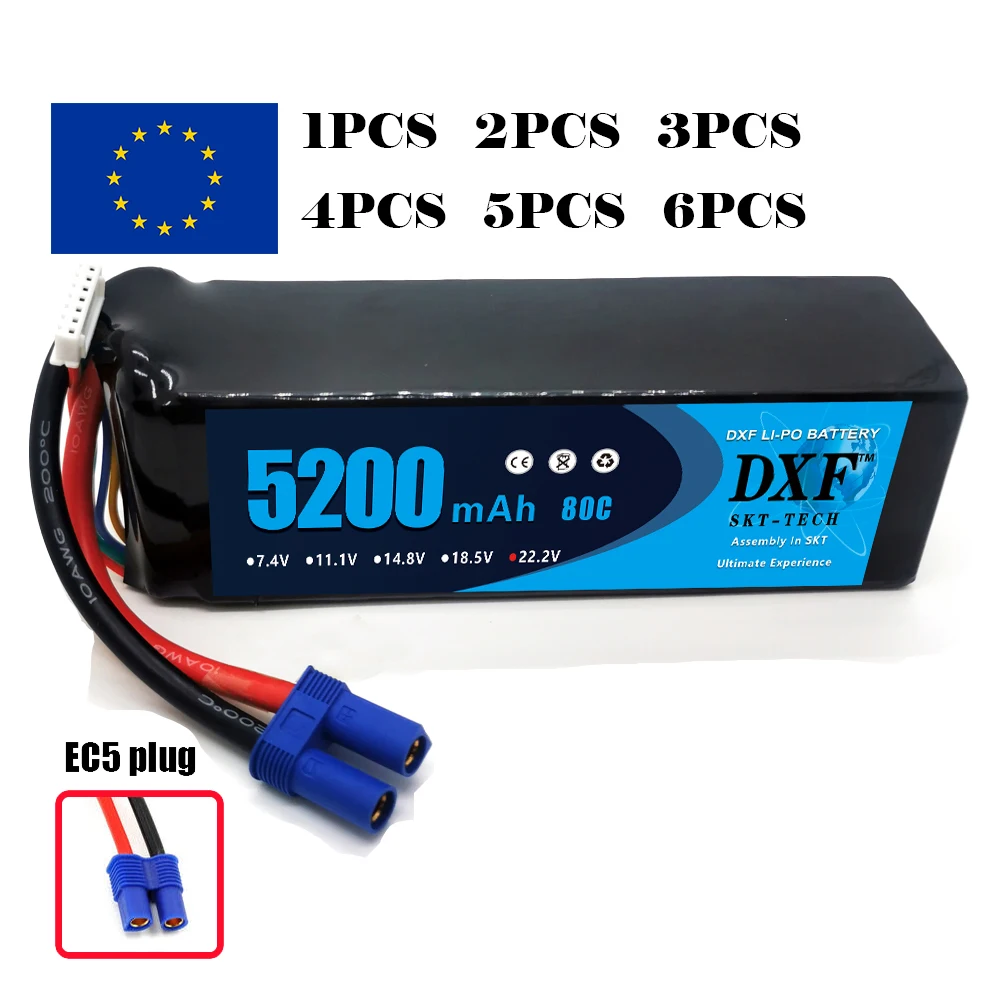 

DXF 6S Lipo Battery 22.2V 80C 5200mAh with EC5 Plug Softcase For 1/8 Buggy Truggy Offroad Car Boat Truck Airplane UAV RACING