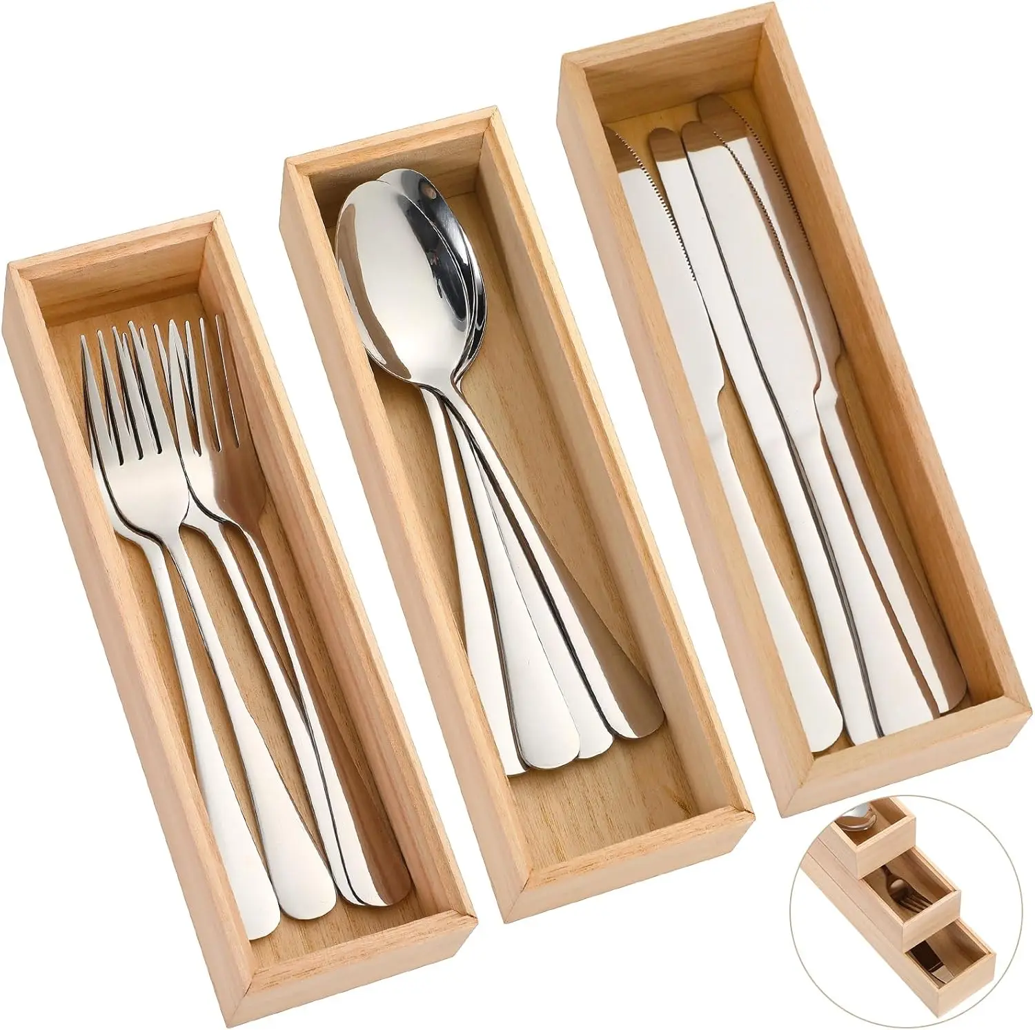 

3 Pcs Bamboo Drawer Organizer 10 x 3 x 2'' Kitchen Silverware Organizer Tray Long Stackable Storage