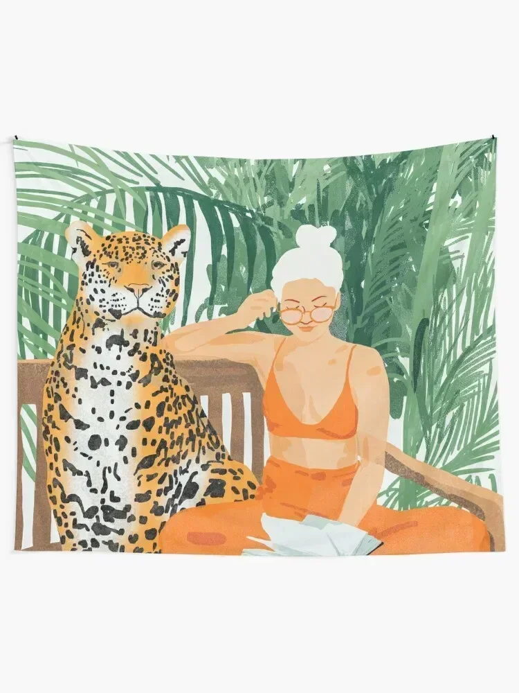 Jungle Vacay | Modern Bohemian Blonde Woman Tropical Travel | Leopard Wildlife Forest Reader Tapestry