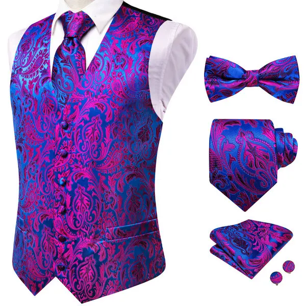 VerveRow Jacquard-Anzugwesten-Set für Herren, 5-teilig, Rot/Lila/Gold/Marineblau/Weiß, Weste, Krawatte, Fliege, Einstecktuch, Manschettenknöpfe, formell – Detail 5