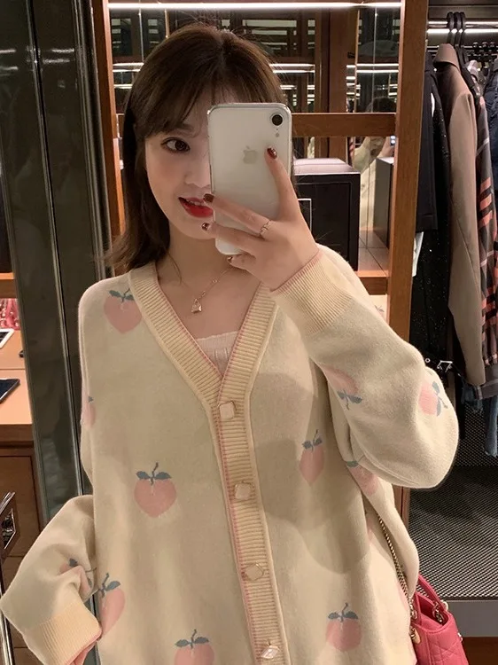 달콤한 슬레 딸기 무늬 니트 스웨터 코트 여성용 루즈핏 가을 겨울 브이넥 롱 소프트 폴리에스터