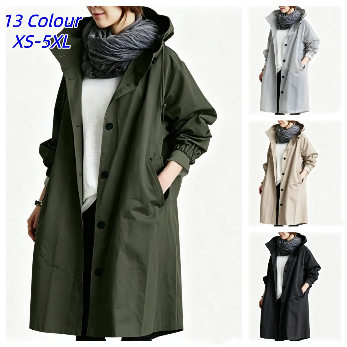 Trendy Women's Long jackets Coat Women's Solid Color Elegant Windbreaker Loose Comfortable Hooded Temperament Ladies Raincoat