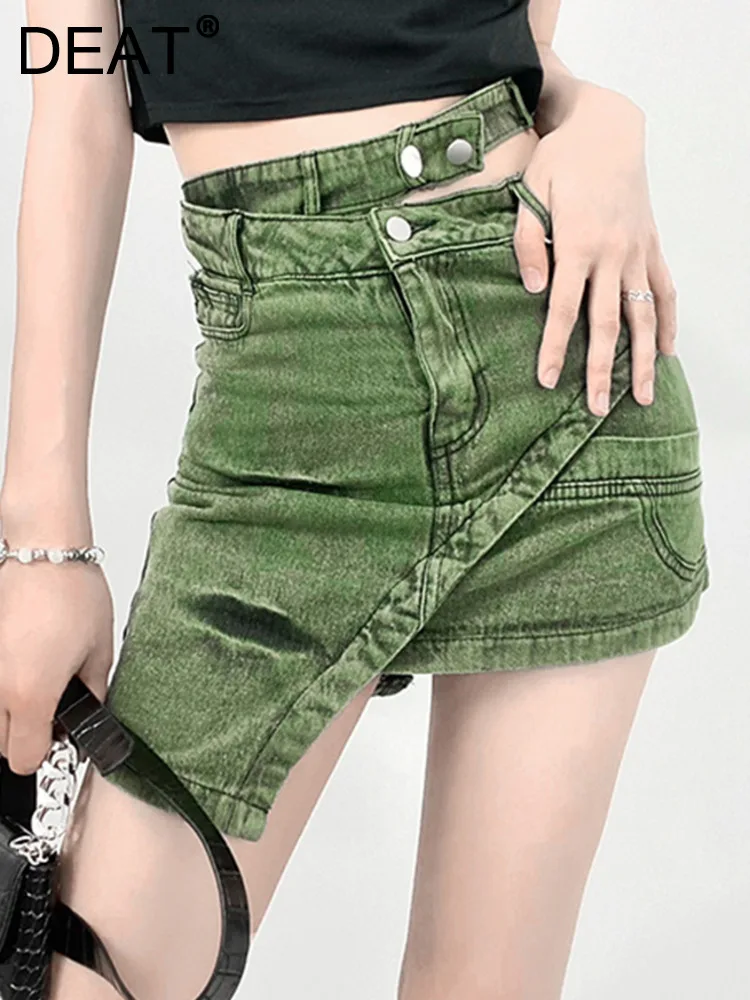 

DEAT Fashion Women's Skirt High Waist Patchwork Irregular Mini Above Knee Tie-dyed Green Denim Skirts Spring 2024 New 17A1759