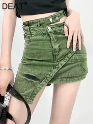 DEAT Fashion Women's Skirt High Waist Patchwork Irregular Mini Above Knee Tie-dyed Green Denim Skirts Spring 2024 New 17A1759