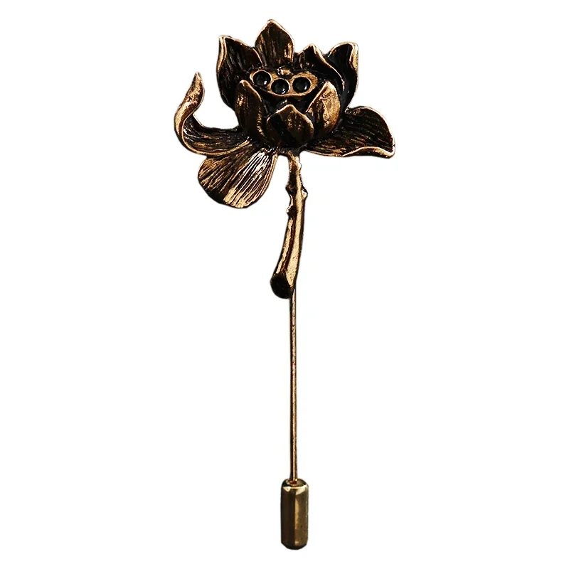 Ancient Personality Lotus Flower Brooch Shirt Lapel Pin Suit Corsage Long Needle Pins and Brooches for Women and Men Accessories