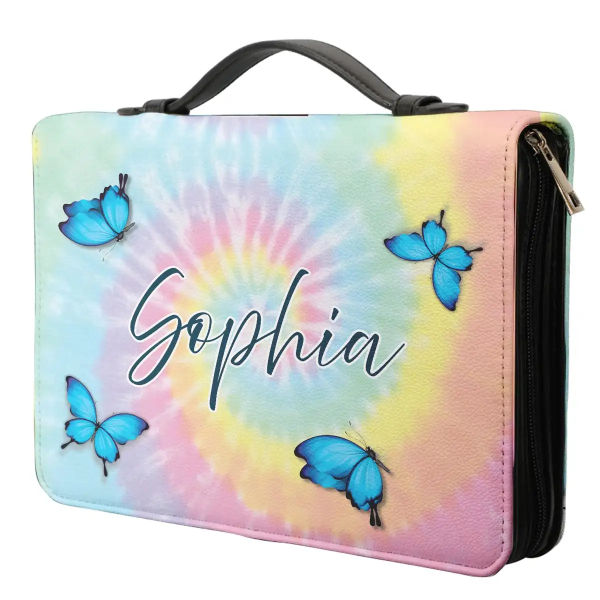 Tie Dye Butterflies Bible Cover Case for Women Personalise Leather Bible Bag Zippered Handle Handbags Portable Bible Storage Bag