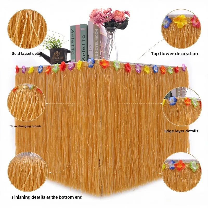 Hawaiian Grass Table Skirt with Flowers Tropical Luau Party Table Decoration for Beach Themed Birthday Party