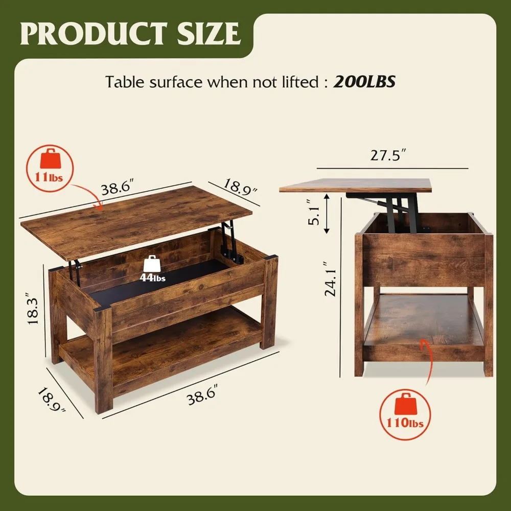 39" Lift Top Coffee Table with Hidden Compartment and Storage Shelf for Living Room, Rustic Brown Coffee Table