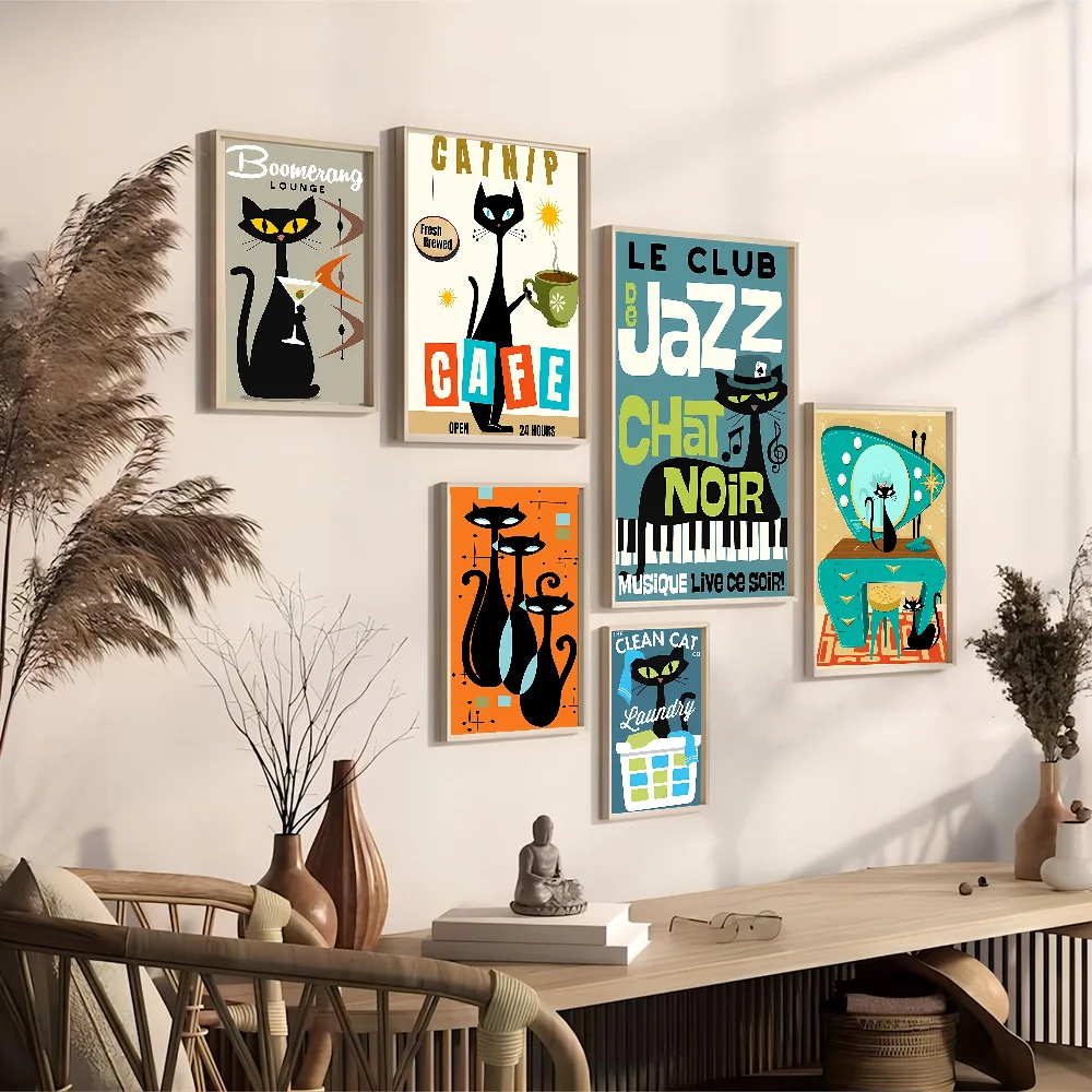 Mid Century Black Cat Classic Vintage Posters Decoracion Painting Wall Art White Kraft Paper Kawaii Room Decor