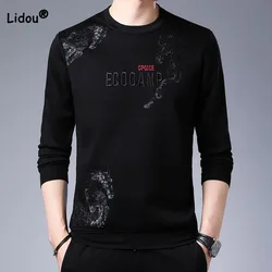 Korean Trend Loose Men's Round Neck Pullovers Tops 2023 Spring Autumn Fashionable Embroidery Long Sleeve T-shirt Male Clothes