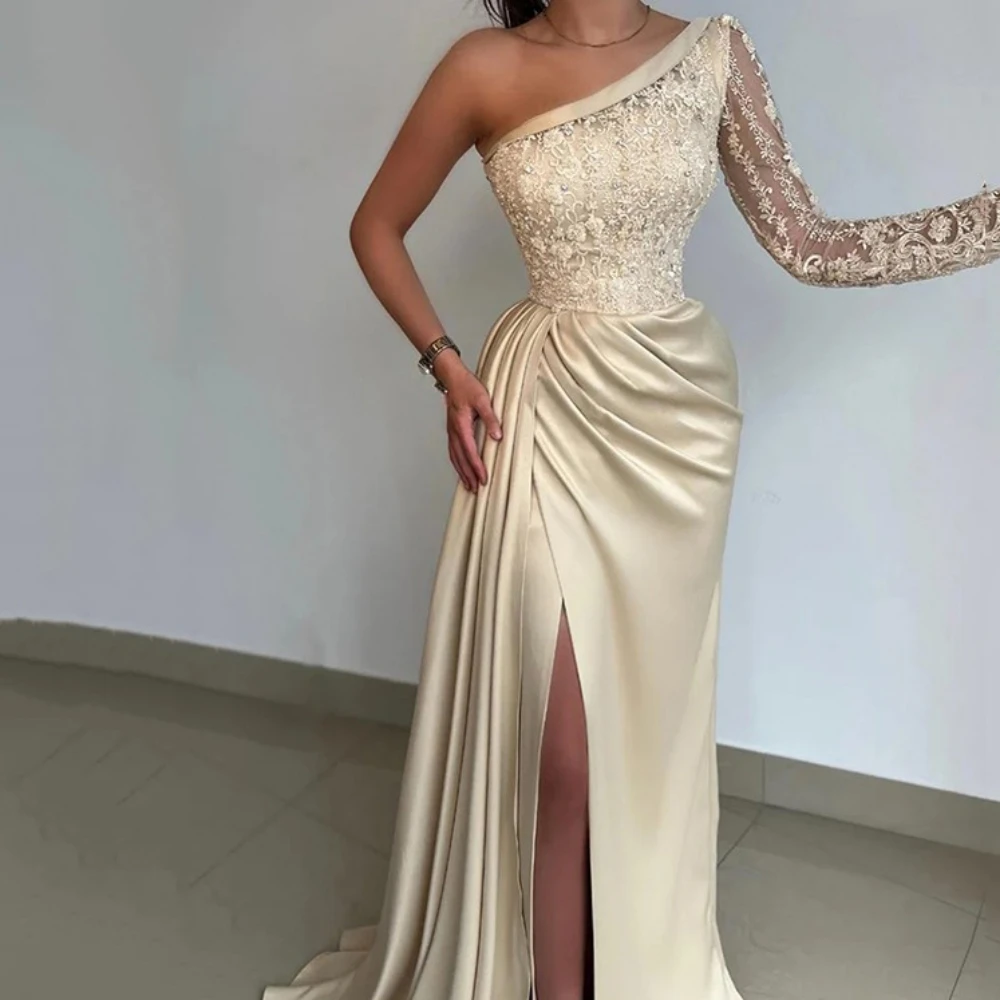 Sexy Prom Dress For Women One Shoulder High Split Evening Gowns Sheath Lace Floor Length Party Dresses فساتين السهرة